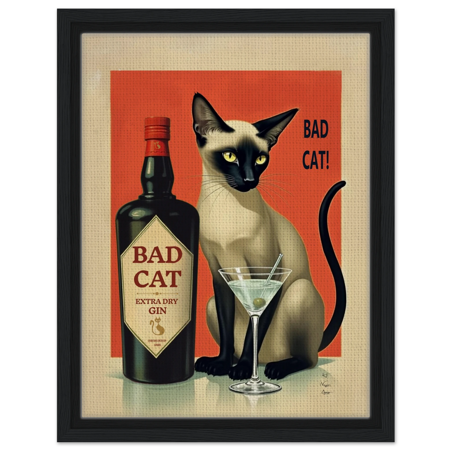 Siamese Cat Gin Martini Cocktail Art Print 30x40 cm 12x16″ Framed Canvas Black Wood Frame