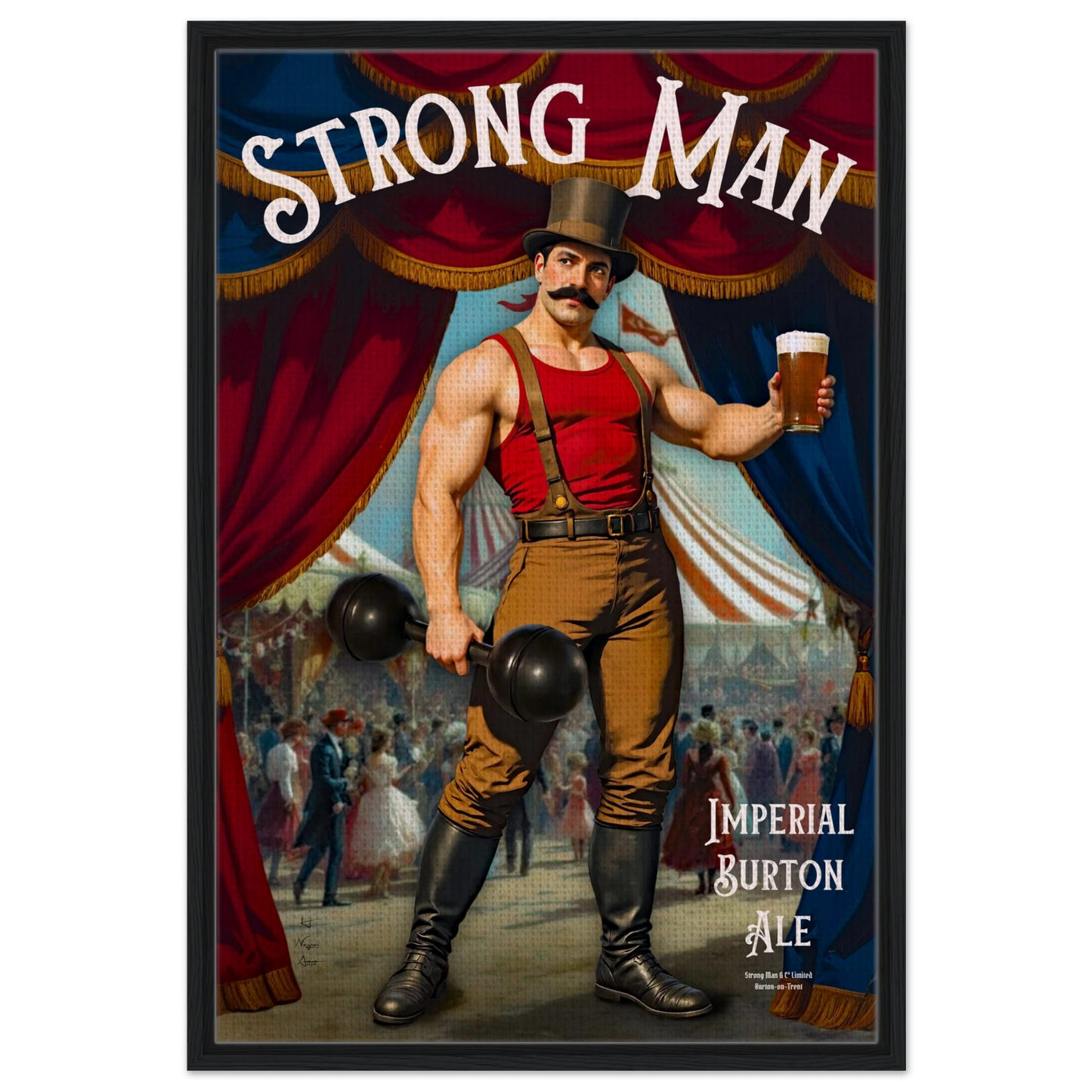 Vintage Victorian Circus Strongman Ale Art Print Black Wood Frame 60x90 cm 24x36″ Framed Canvas