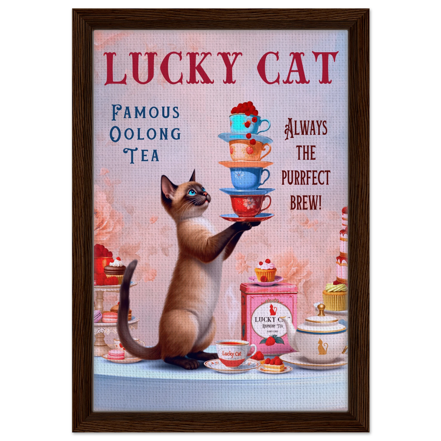 Siamese Lucky Cat Vintage Tea Art Print 30x45 cm 12x18″ Framed Canvas Dark Brown Wood Frame