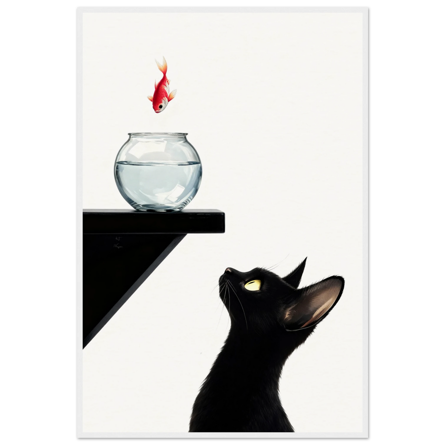 Curious Black Cat Goldfish Minimalist Art Print 60x90 cm 24x36″ Museum-Quality Matte Framed Poster - White Wood