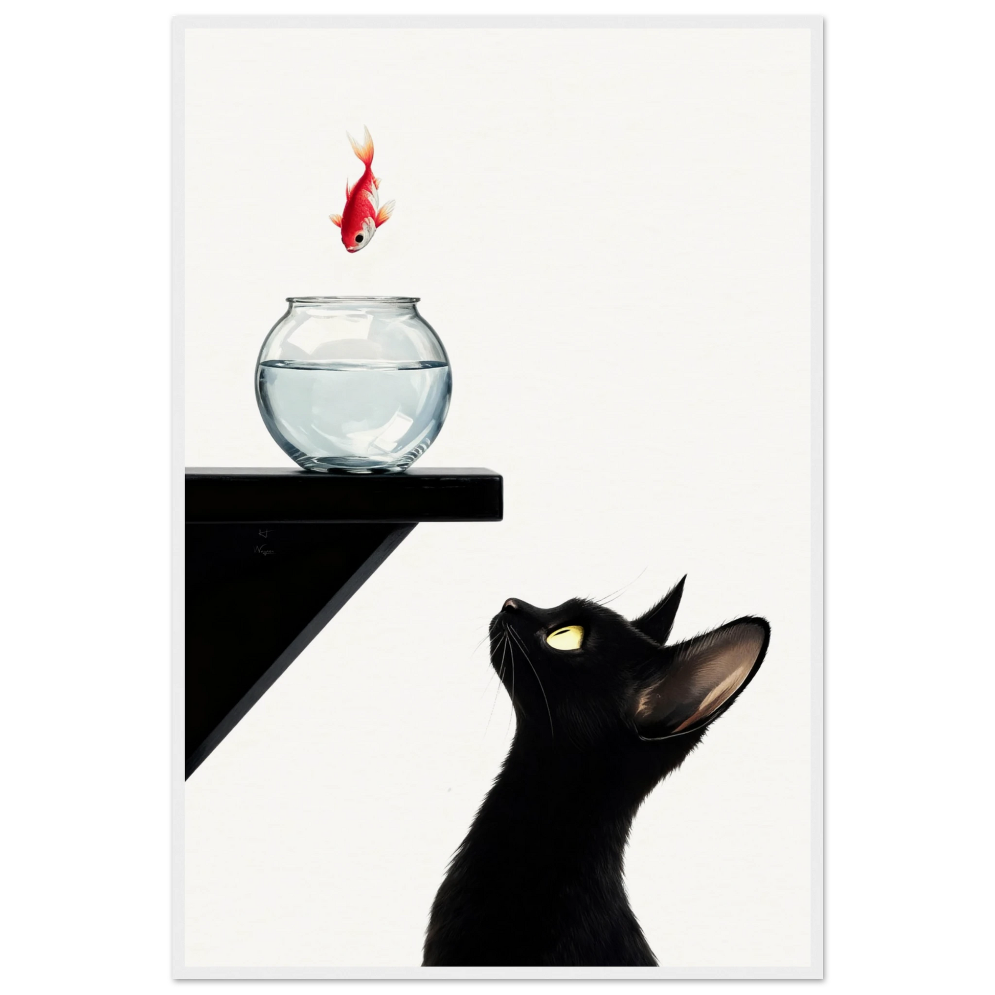 Curious Black Cat Goldfish Minimalist Art Print 60x90 cm 24x36″ Museum-Quality Matte Framed Poster - White Wood