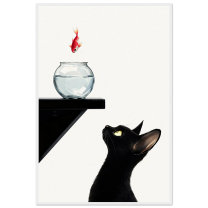 Curious Black Cat Goldfish Minimalist Art Print 60x90 cm 24x36″ Museum-Quality Matte Framed Poster - White Wood