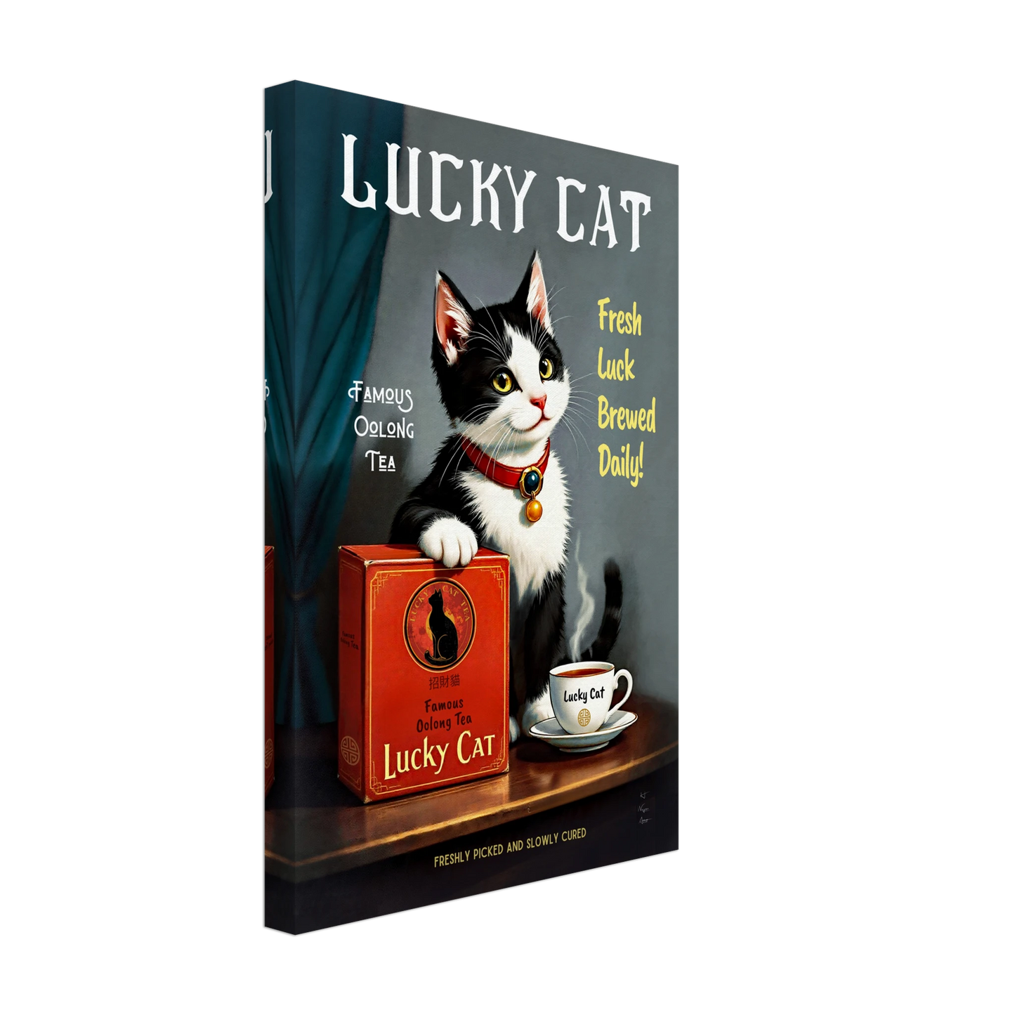 Lucky Tuxedo Cat Tea Kitchen Art Print 30x45 cm 12x18″ Gallery Wrapped Canvas No Frame