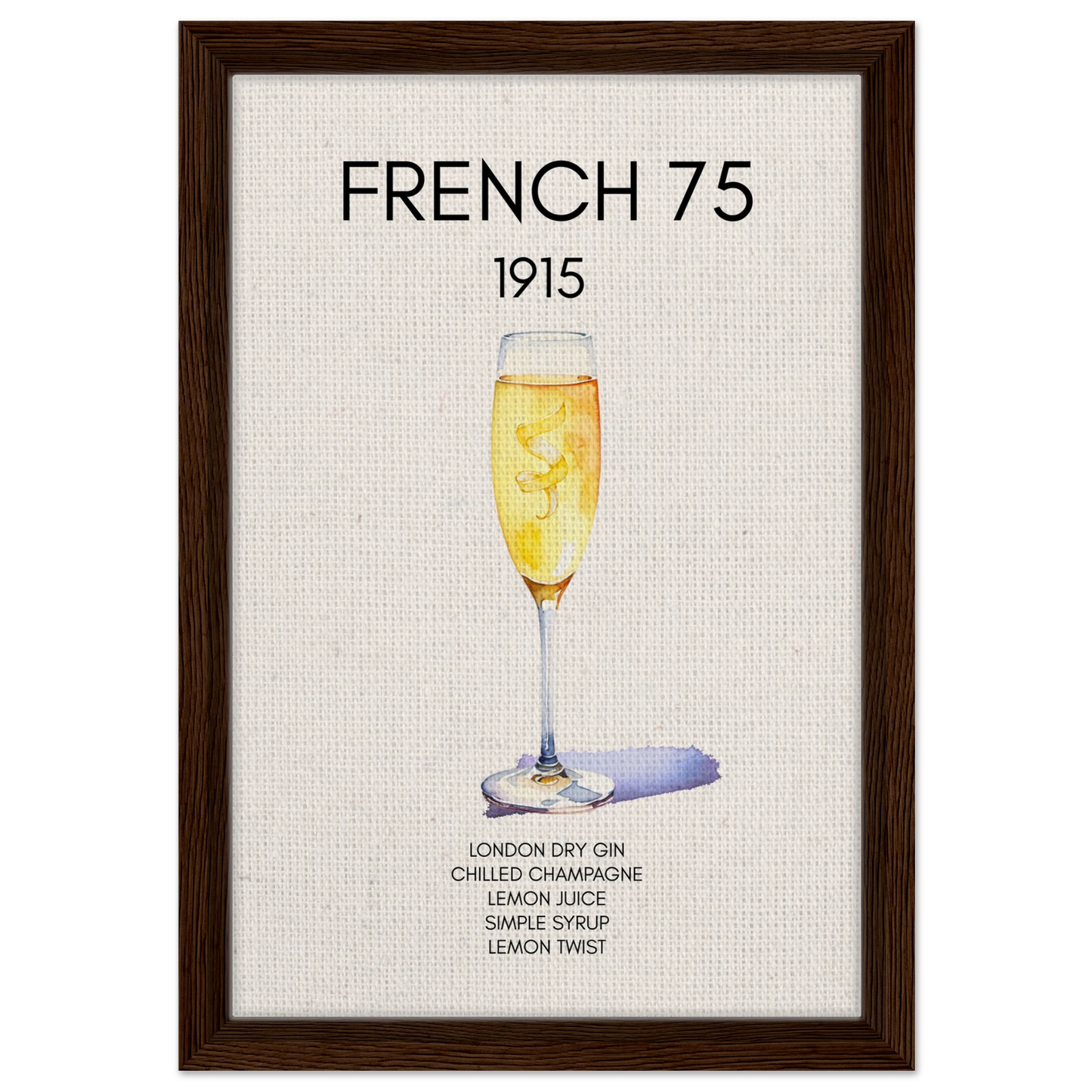 French 75 Cocktail Art Print Dark Brown Wood Frame 30x45 cm 12x18″ Framed Canvas