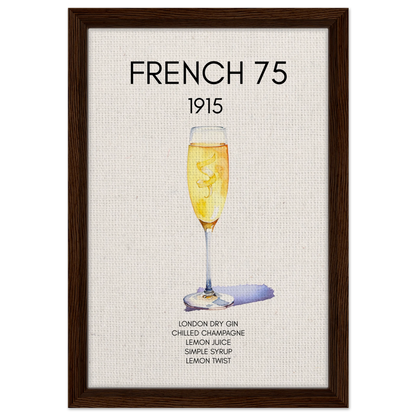 French 75 Cocktail Art Print Dark Brown Wood Frame 30x45 cm 12x18″ Framed Canvas
