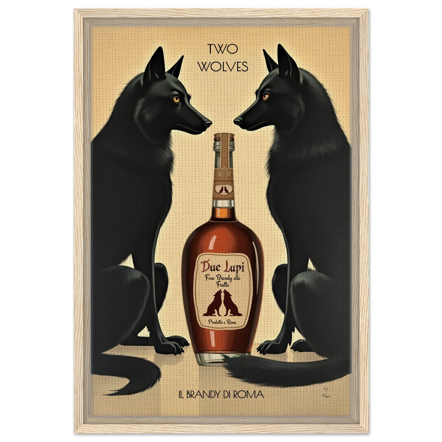 Two Wolves Italian Cocktail Bar Art Print 40x60 cm 16x24″ Framed Canvas Light Wood Frame