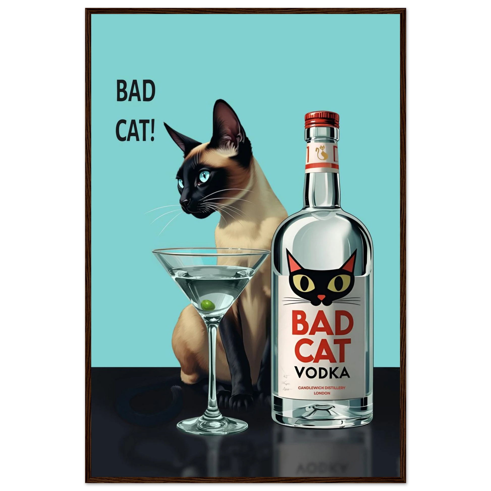 Siamese Cat Retro Martini Cocktail Bar Art Print Dark Brown Wood Frame 60x90 cm 24x36″ Classic Matte Paper Wooden Framed Poster