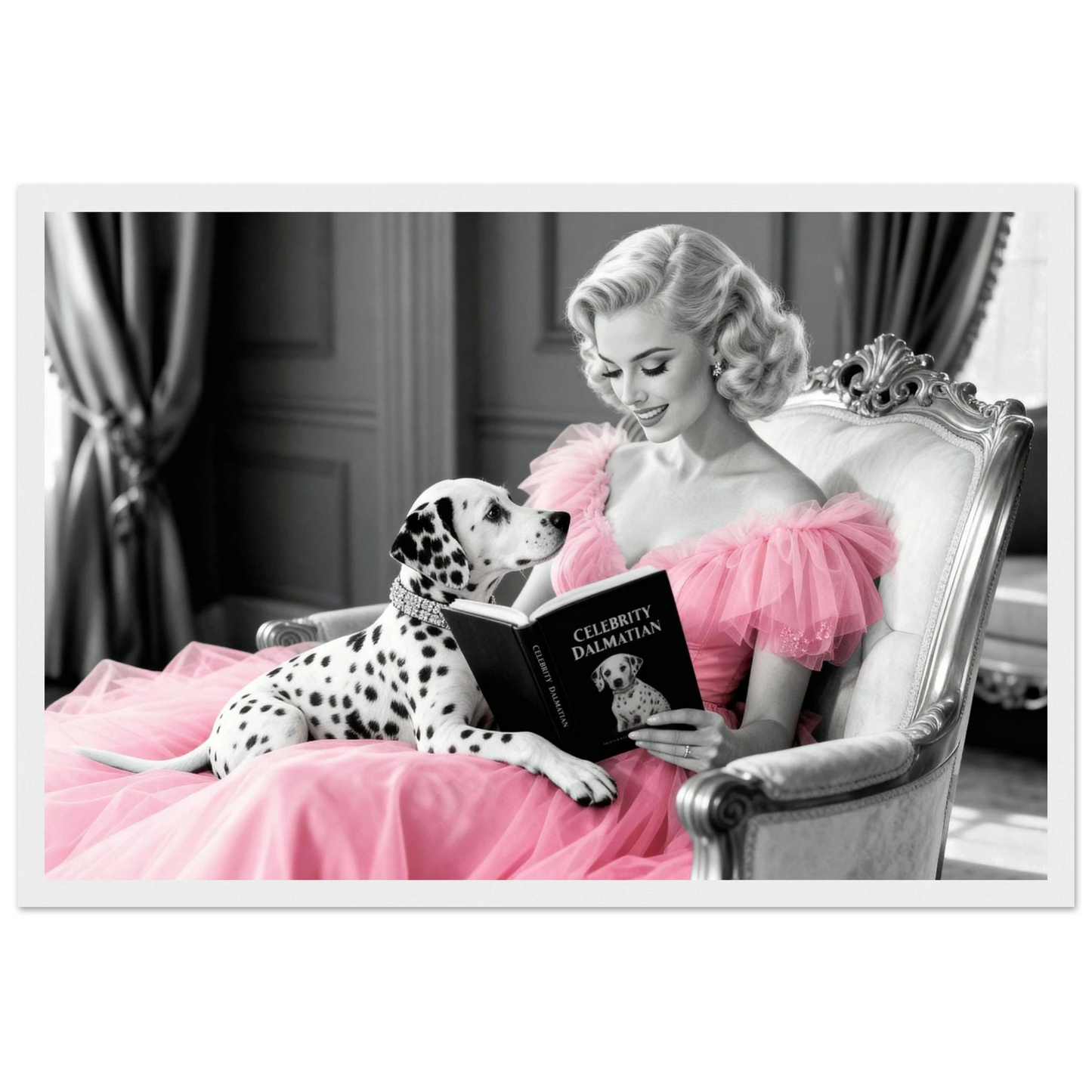 Hollywood Starlet Dalmatian Puppy Art Print 30x45 cm 12x18″ Classic Matte Framed Poster - White Wood