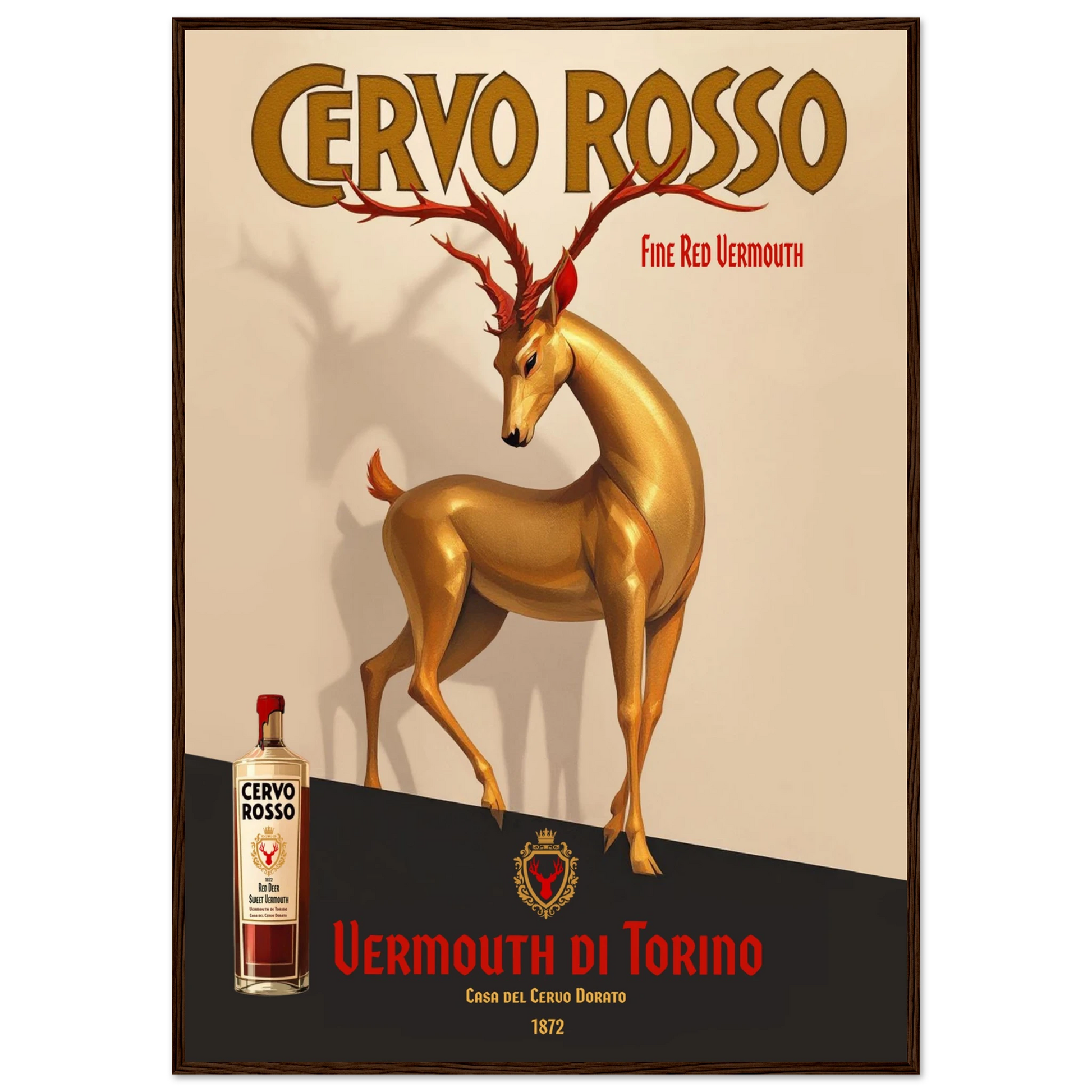 Art Deco Golden Deer Cocktail Bar Poster Print 70x100 cm 28x40″ Classic Matte Paper Wooden Framed Poster Dark Brown Wood Frame