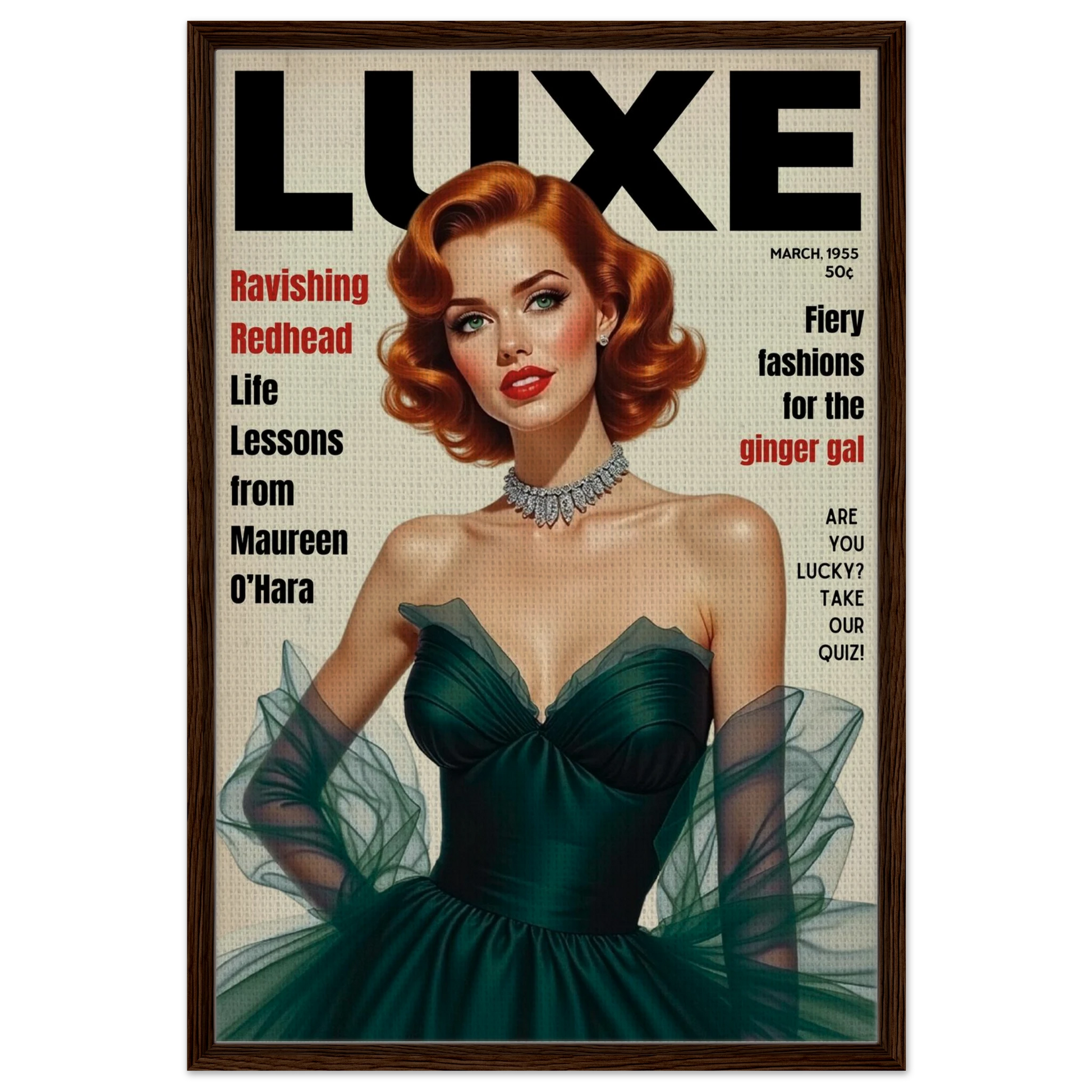 Maureen O'Hara Vintage Fashion Art Poster Print Dark Brown Wood Frame 60x90 cm 24x36″ Framed Canvas