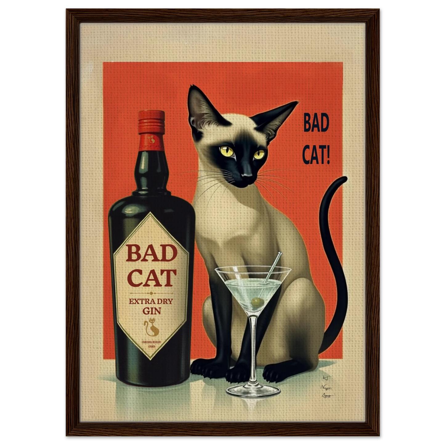 Siamese Cat Gin Martini Cocktail Art Print 50x70 cm 20x28″ Framed Canvas Dark Brown Wood Frame