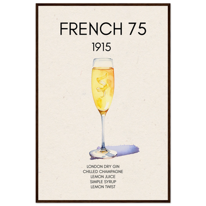 French 75 Cocktail Art Print Dark Brown Wood Frame 60x90 cm 24x36″ Museum-Quality Matte Paper Wooden Framed Poster