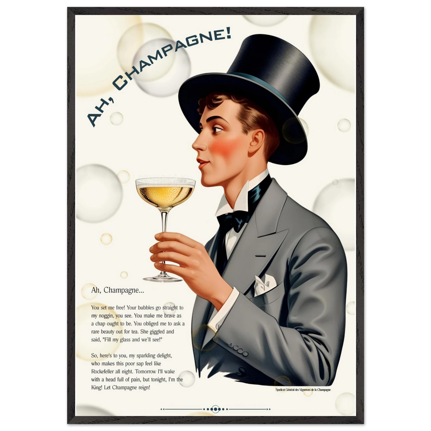 Art Deco Champagne Funny Poem Art Print 70x100 cm 28x40″ Premium Wooden Framed Poster With Premium Matte Paper Black frame
