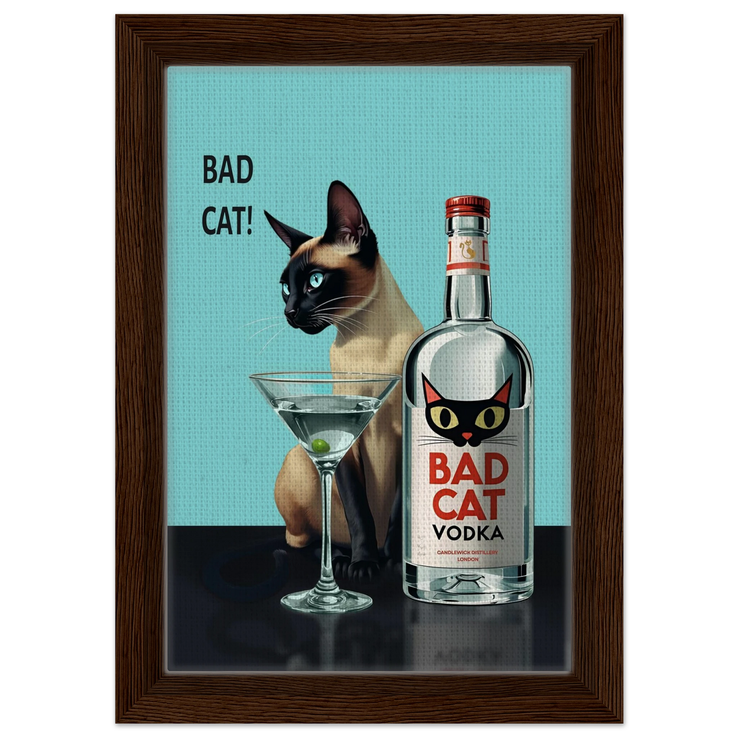 Siamese Cat Retro Martini Cocktail Bar Art Print Light Wood Frame 70x100 cm 28x40″ Classic Matte Paper Wooden Framed Poster