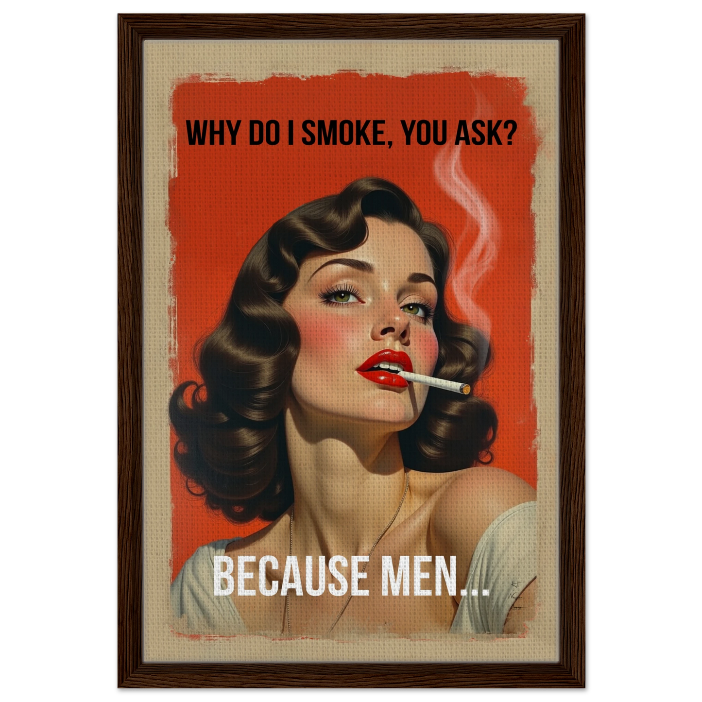 Retro Smoking Pin-Up Girl Art Print Dark Brown Wood Frame 40x60 cm 16x24″ Framed Canvas