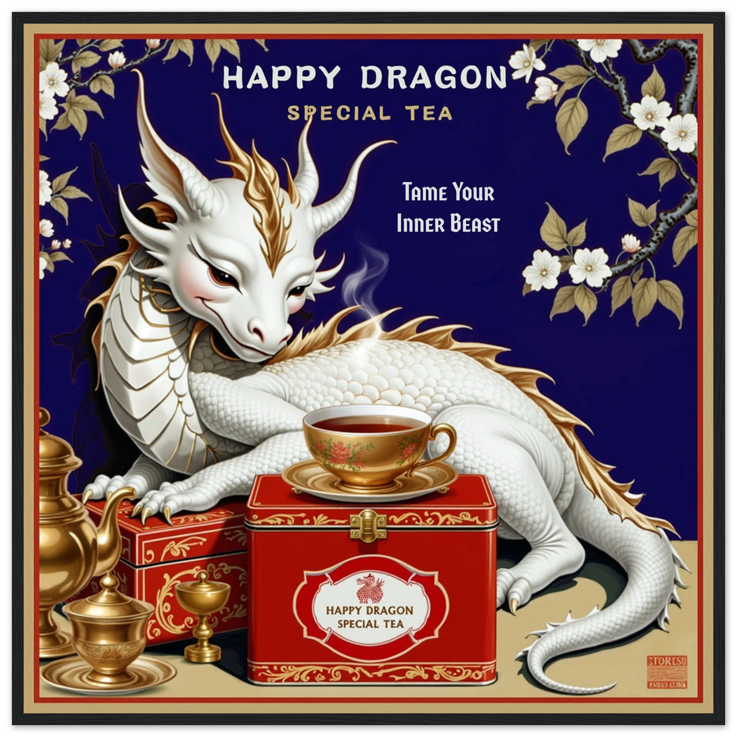 Happy Dragon Tea Art Print 70x70 cm 28x28″ Classic Matte Paper Wooden Framed Poster Black Wood Frame