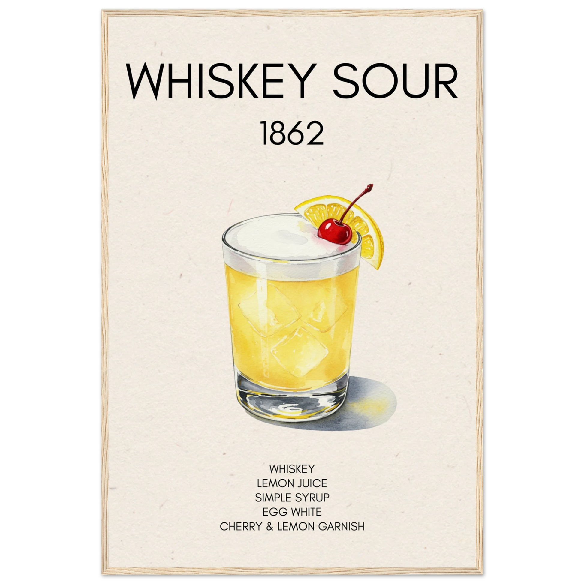 Whiskey Sour Cocktail Bar Art Print Light Wood Frame 60x90 cm 24x36″ Museum-Quality Matte Paper Wooden Framed Poster