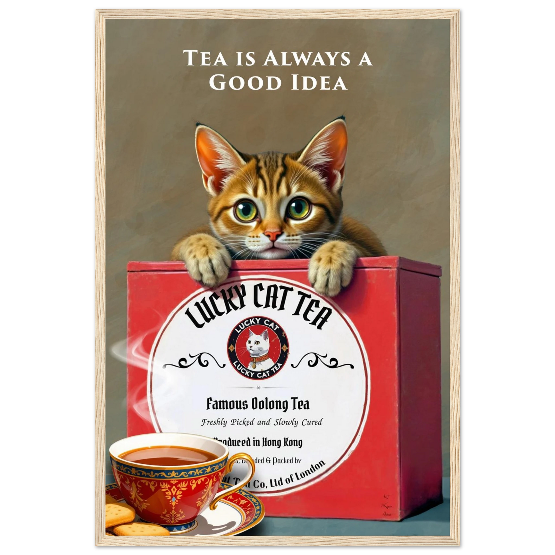 Tabby Lucky Cat Tea Vintage Kitchen Art Print Light Wood Frame 40x60 cm 16x24″ Premium Matte Paper Wooden Framed Poster