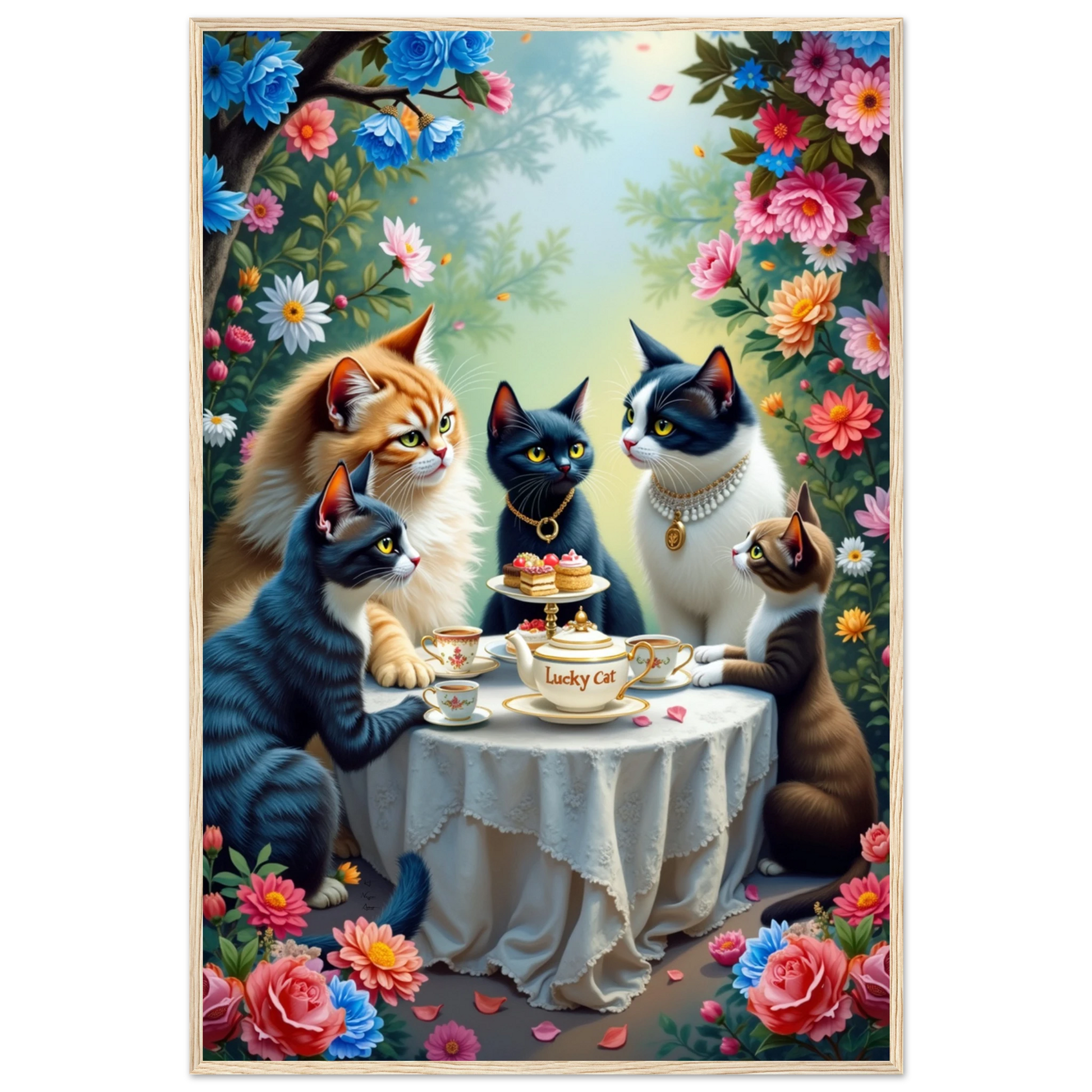 Lucky Cat Tea Party Botanical Art Print 60x90 cm 24x36″ Classic Matte Paper Wooden Framed Poster Light Wood Frame