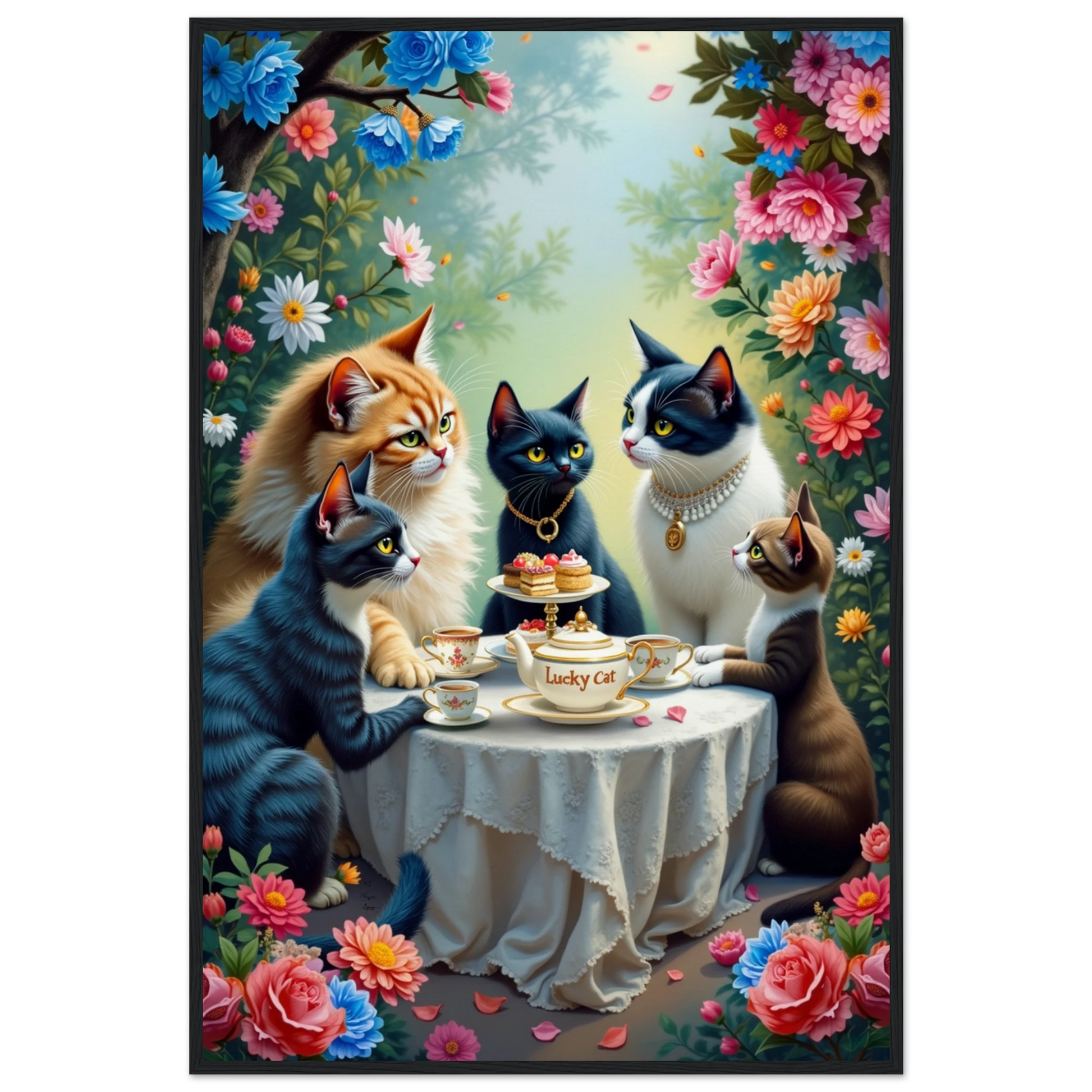 Lucky Cat Tea Party Botanical Art Print 60x90 cm 24x36″ Museum-Quality Matte Paper Wooden Framed Poster Black Wood frame