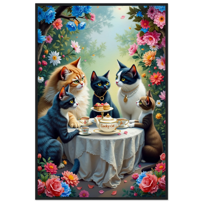 Lucky Cat Tea Party Botanical Art Print 60x90 cm 24x36″ Museum-Quality Matte Paper Wooden Framed Poster Black Wood frame