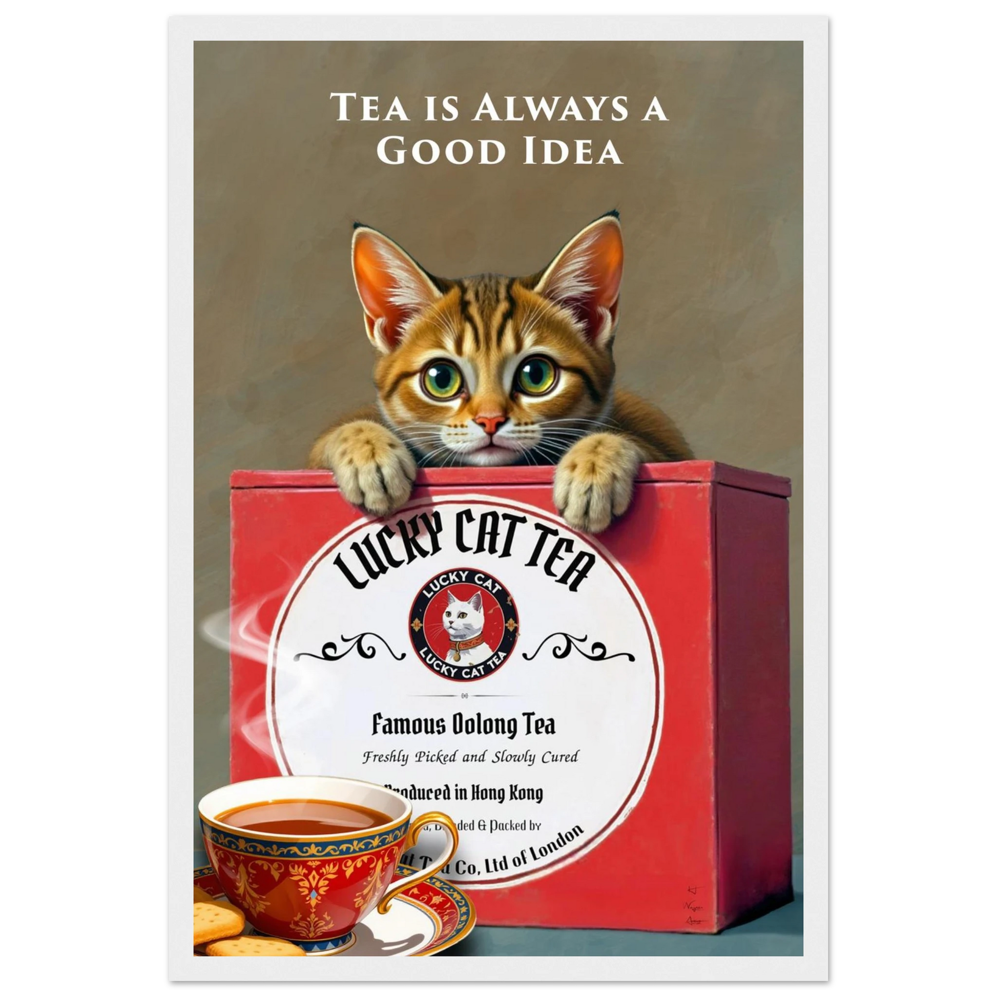 Tabby Lucky Cat Tea Vintage Kitchen Art Print White Wood Frame 30x45 cm 12x18″ Premium Matte Paper Wooden Framed Poster