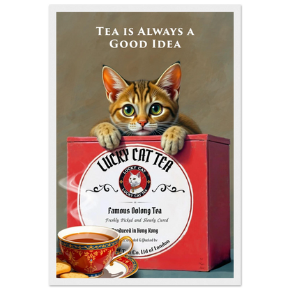 Tabby Lucky Cat Tea Vintage Kitchen Art Print White Wood Frame 30x45 cm 12x18″ Premium Matte Paper Wooden Framed Poster
