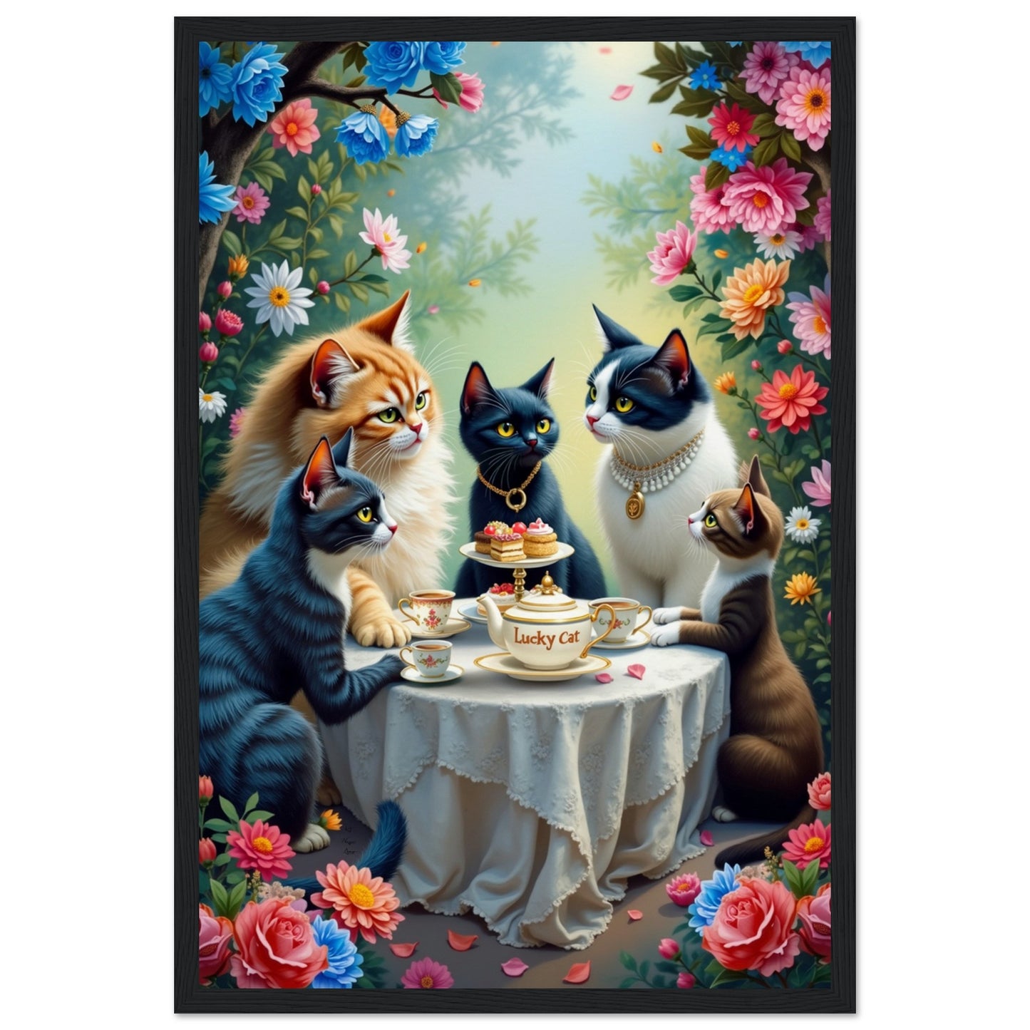 Lucky Cat Garden Tea Party Kitchen Art Print No Frame 40x60 cm 16x24″ Premium Matte Paper Poster