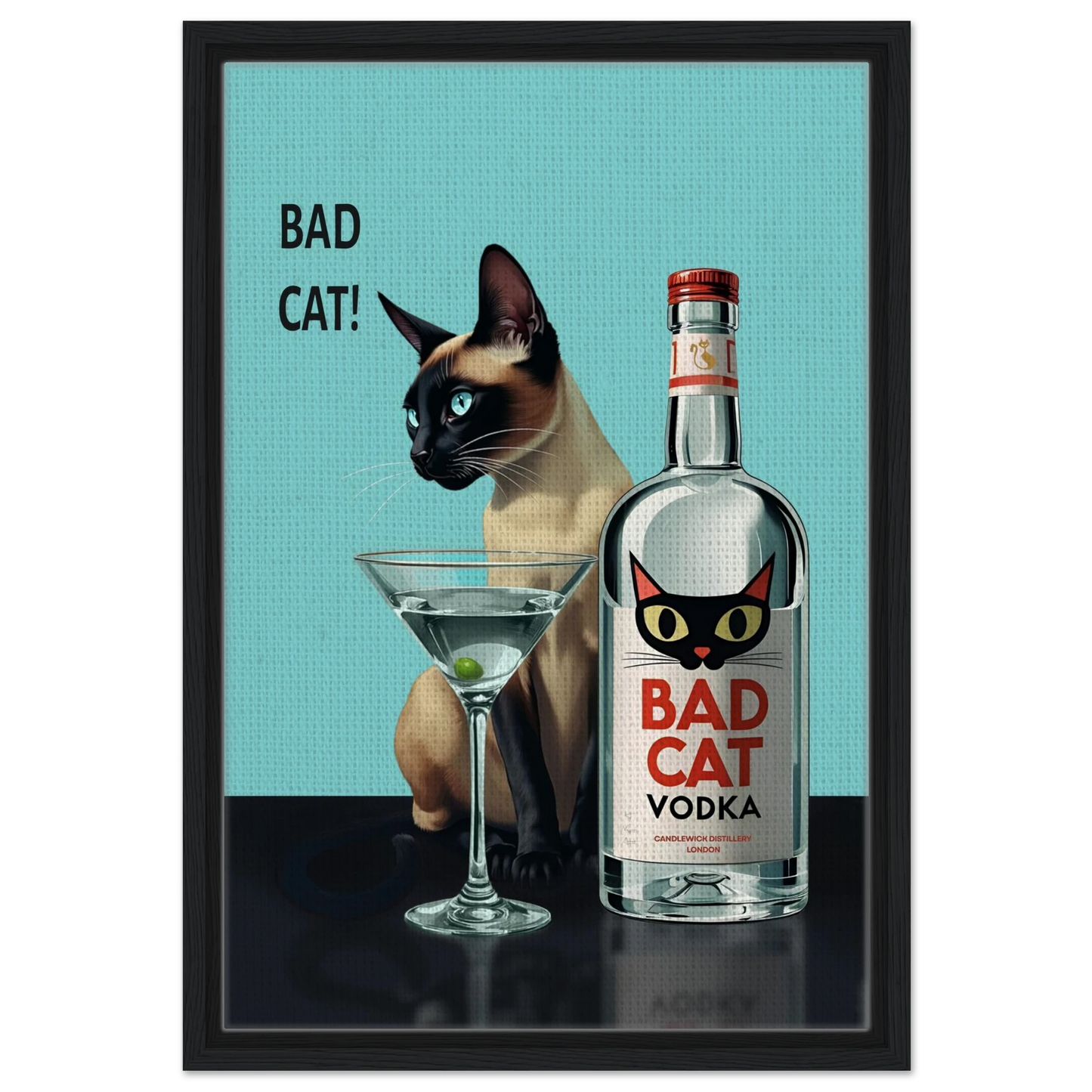 Siamese Cat Retro Martini Cocktail Bar Art Print Black Wood Frame 40x60 cm 16x24″ Framed Canvas
