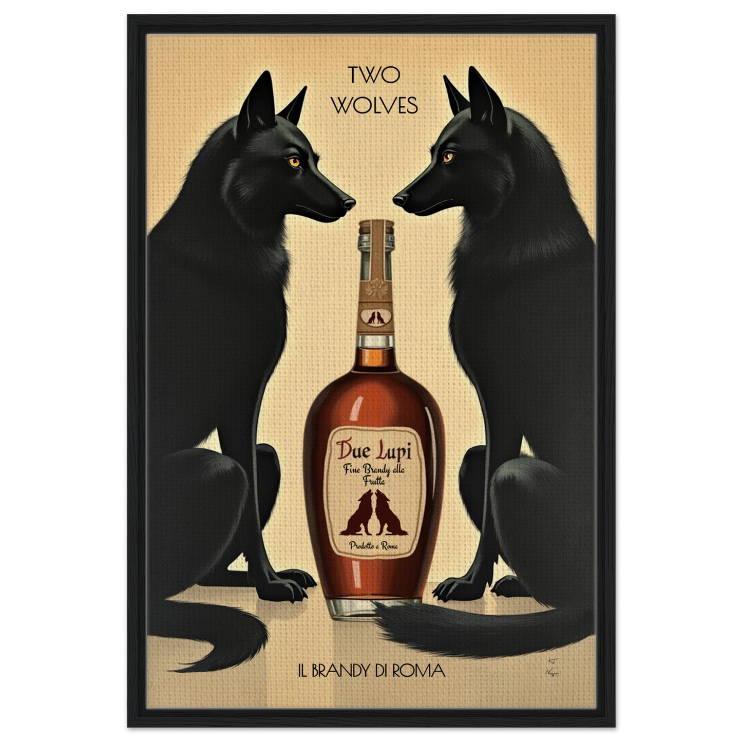 Two Wolves Italian Cocktail Bar Art Print 60x90 cm 24x36″ Framed Canvas Black Wood Frame