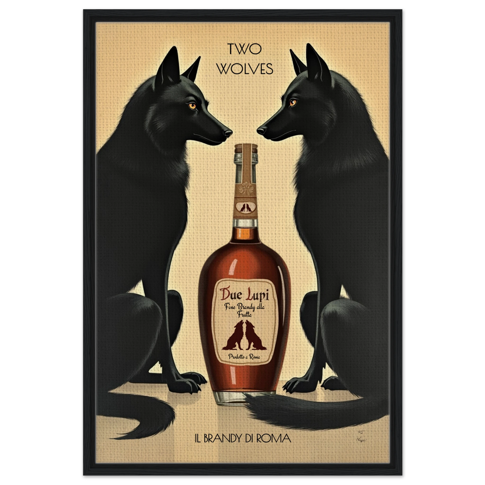 Two Wolves Italian Cocktail Bar Art Print 60x90 cm 24x36″ Framed Canvas Black Wood Frame