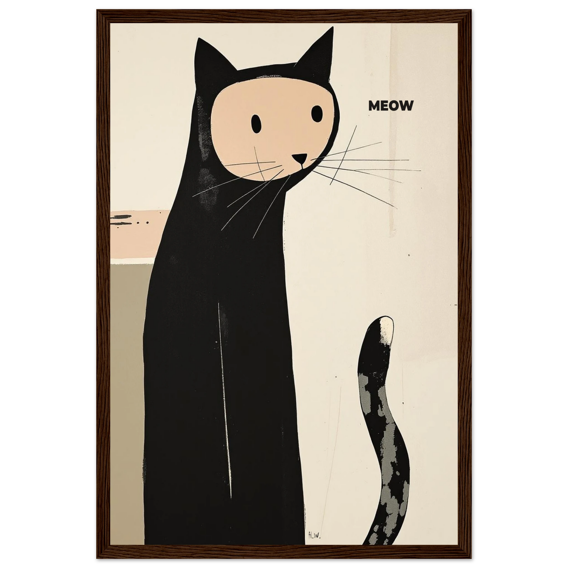 Quirky Modern Cat Art Poster Print 30x45 cm 12x18″ Classic Matte Paper Wooden Framed Poster Dark Brown Wood Frame