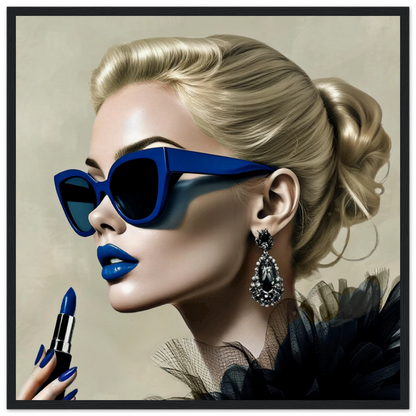 Retro Fashion Model Blue Lipstick Art Print 50x50 cm 20x20″ Museum-Quality Matte Paper Wooden Framed Poster