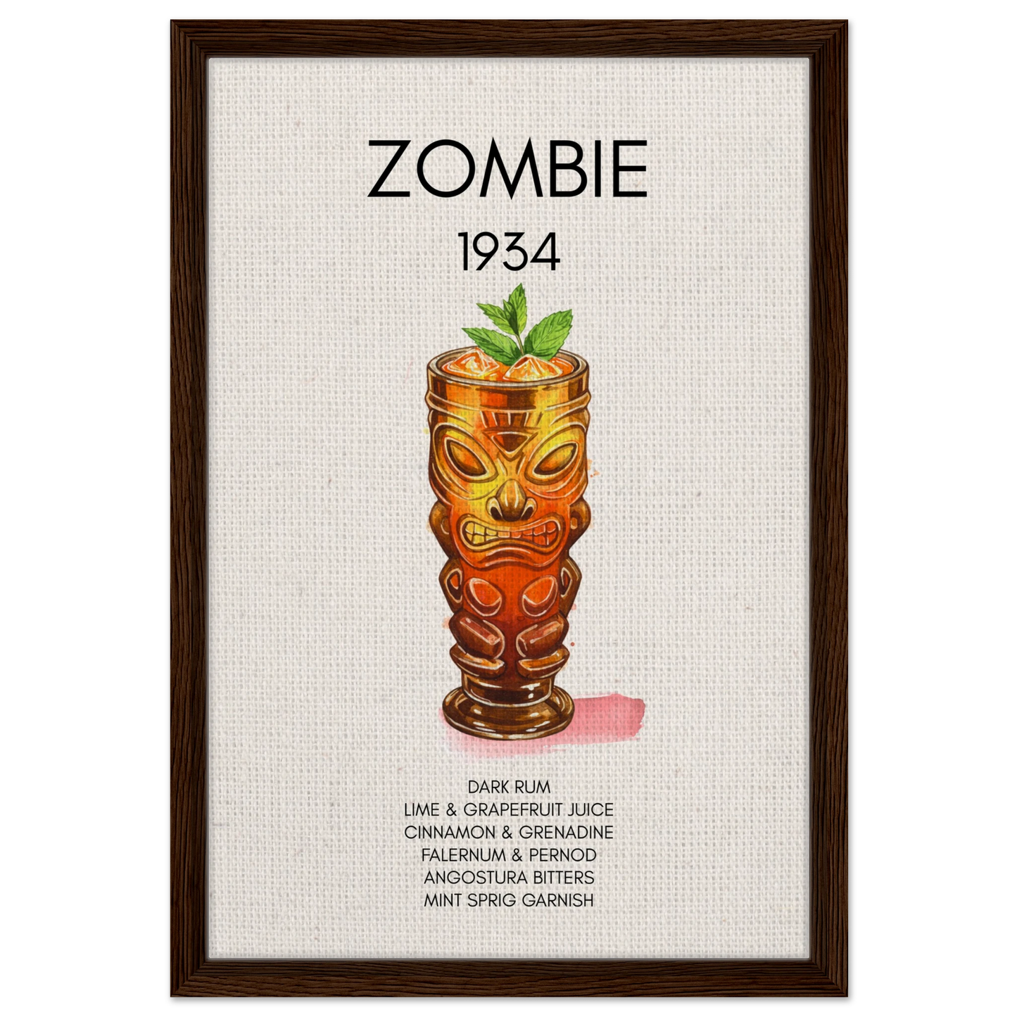 Zombie Tiki Cocktail Bar Poster Print Dark Brown Wood Frame 40x60 cm 16x24″ Framed Canvas