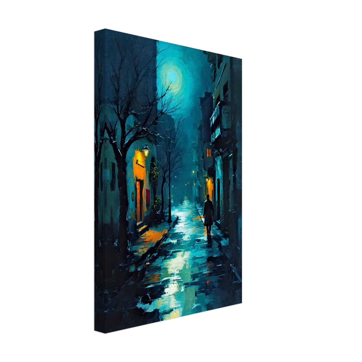 Blue Moon Night Street Scene Art Print 30x45 cm 12x18″ Gallery Wrapped Canvas No Frame