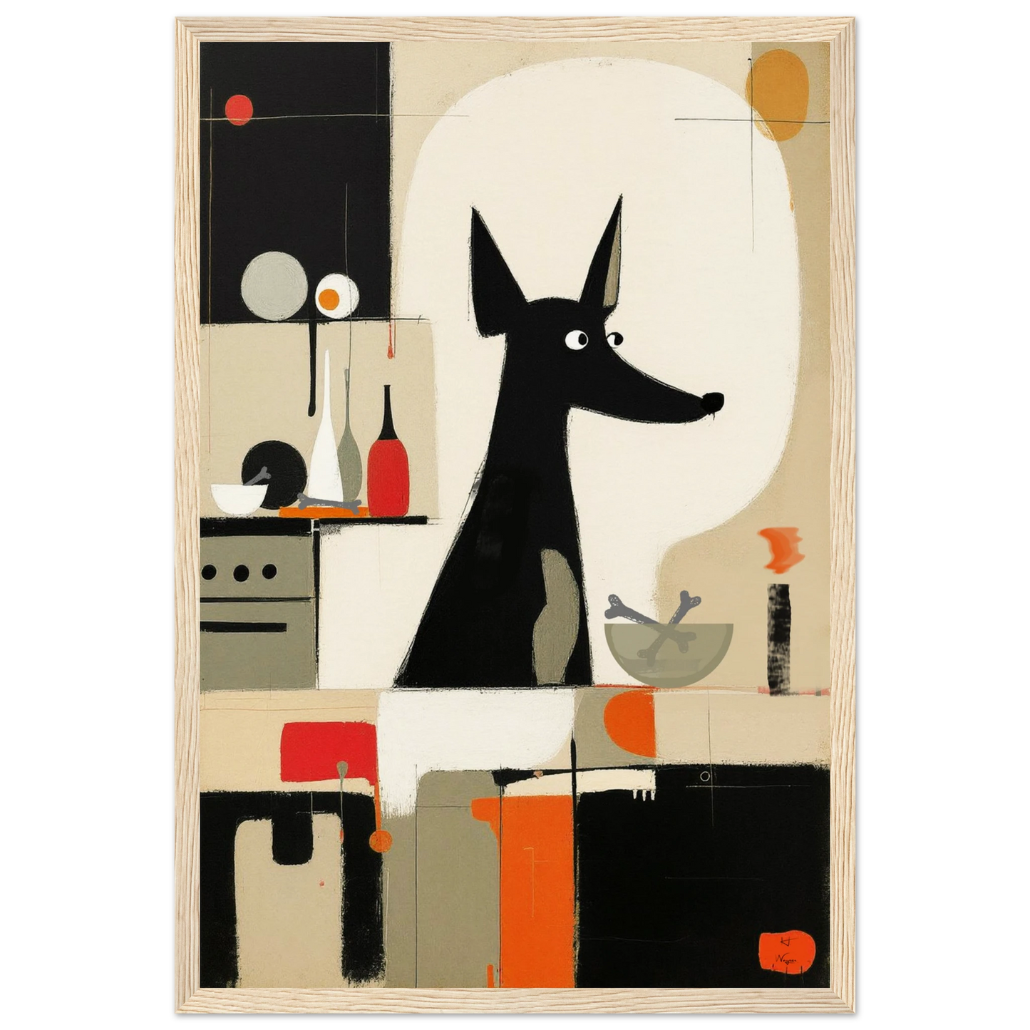 Modern Quirky Abstract Dog Art Print Light Wood Frame 30x45 cm 12x18″ Museum-Quality Matte Paper Wooden Framed Poster