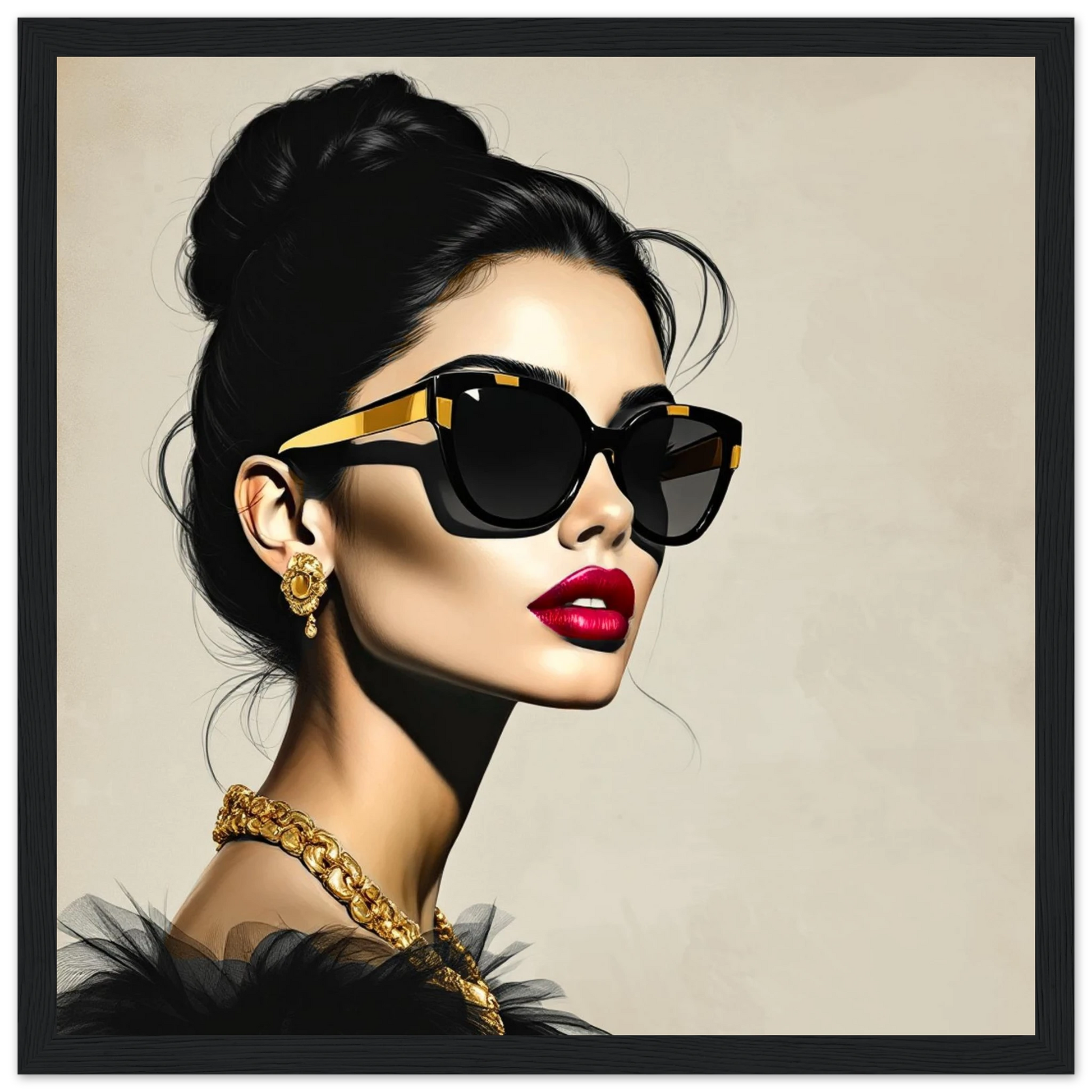 Golden Girl Chic Runway Model Art Print 30x30 cm 12x12″ Premium Matte Wooden Framed Poster