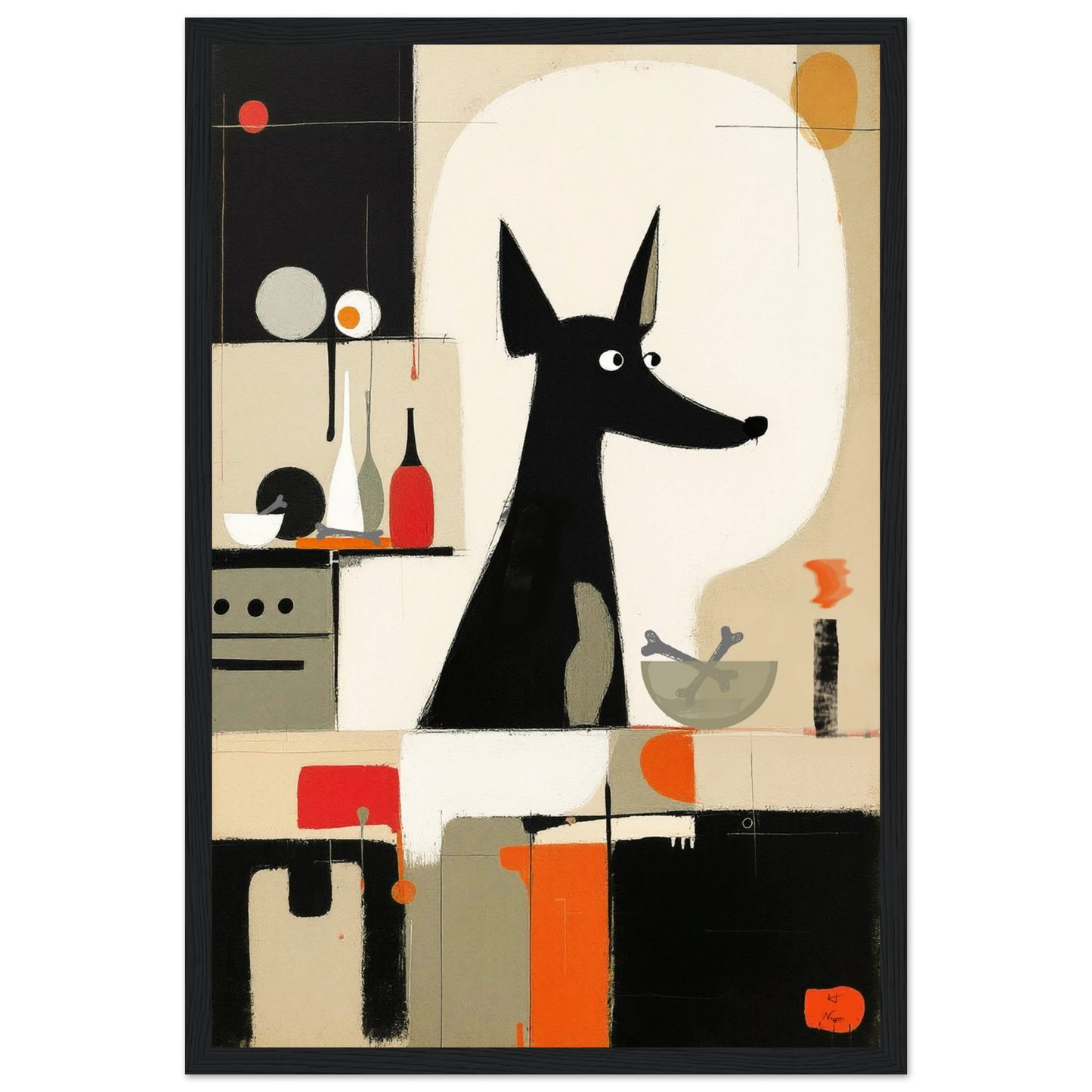 Modern Quirky Abstract Dog Art Print Black Wood Frame 30x45 cm 12x18″ Premium Matte Paper Wooden Framed Poster