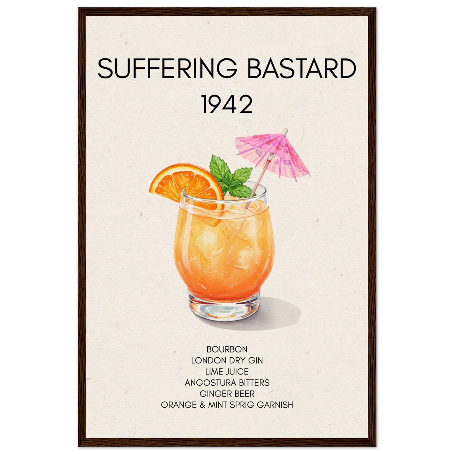 Suffering Bastard Tiki Cocktail Bar Poster Print Dark Brown Wood Frame 40x60 cm 16x24″ Museum-Quality Matte Paper Wooden Framed Poster