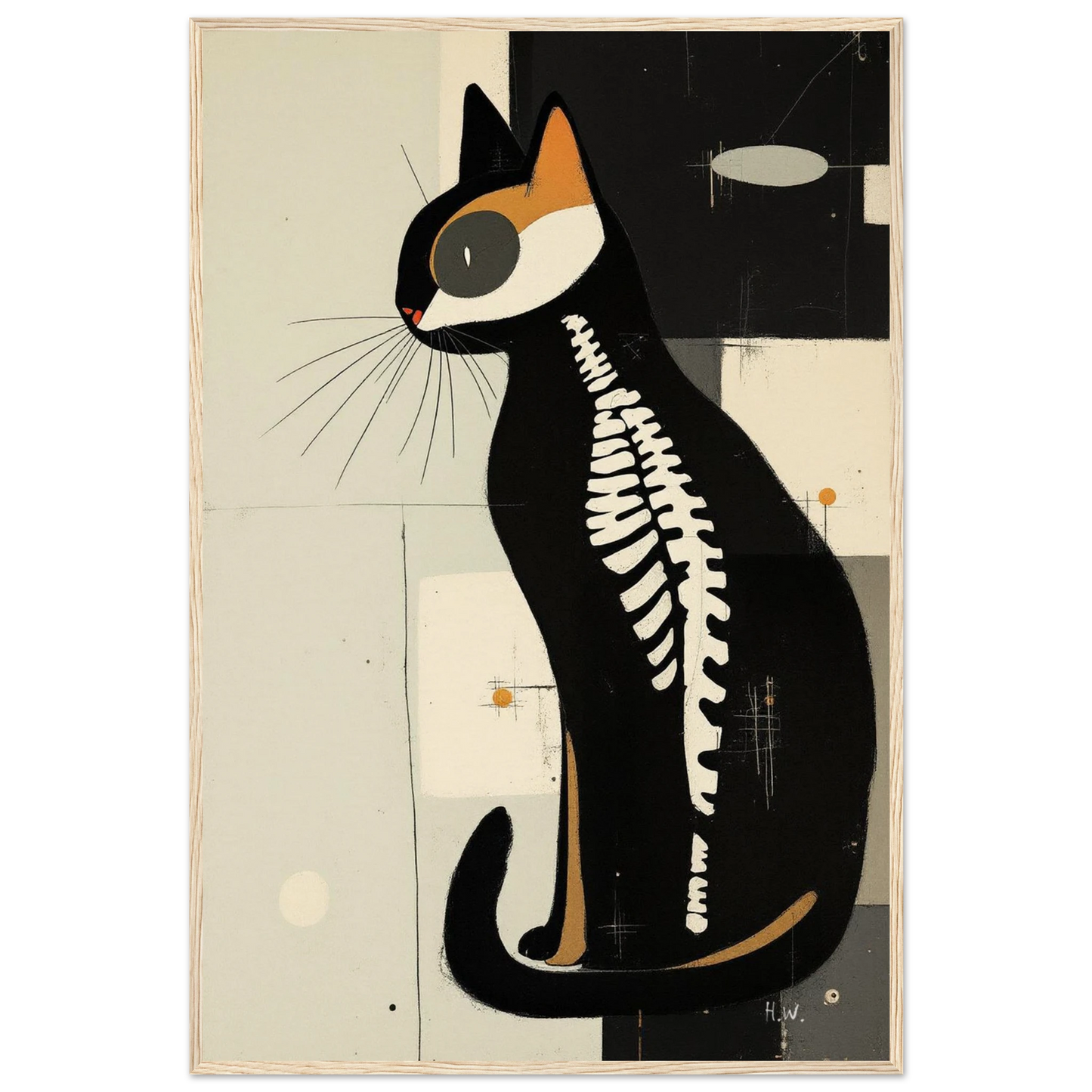 Modern Cat Skeleton Abstract Art Poster Print Light Wood Frame 60x90 cm 24x36″ Museum-Quality Matte Paper Wooden Framed Poster