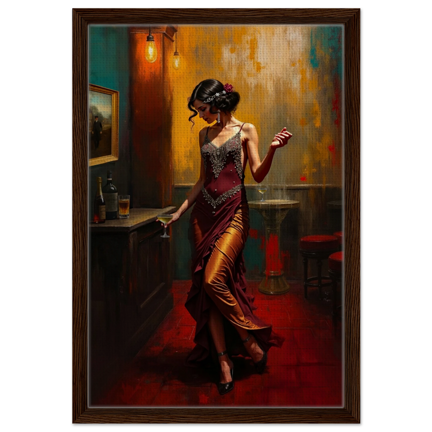 Speakeasy Flapper Art Prohibition Poster Print Dark Brown Wood Frame 40x60 cm 16x24″ Framed Canvas