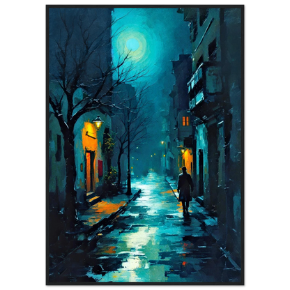 Blue Moon Night Street Scene Art Print 70x100 cm 28x40″ Classic Matte Framed Poster Black Wood Frame