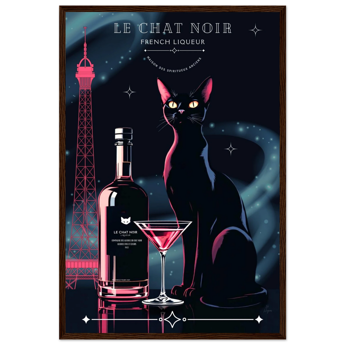 Art Deco Le Chat Noir French Black Cat Art Print 40x60 cm 16x24″ Premium Matte Paper Wooden Framed Poster Dark wood frame