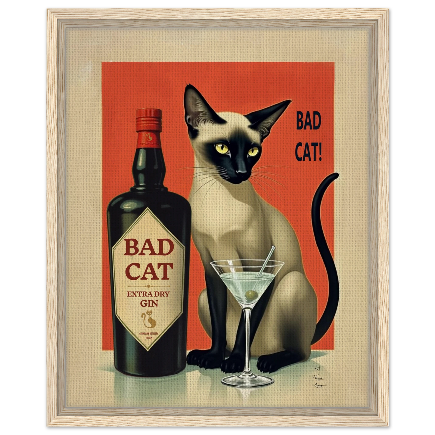 Siamese Cat Gin Martini Cocktail Art Print 27x35 cm 11x14″ Gallery Wrapped Canvas No Frame