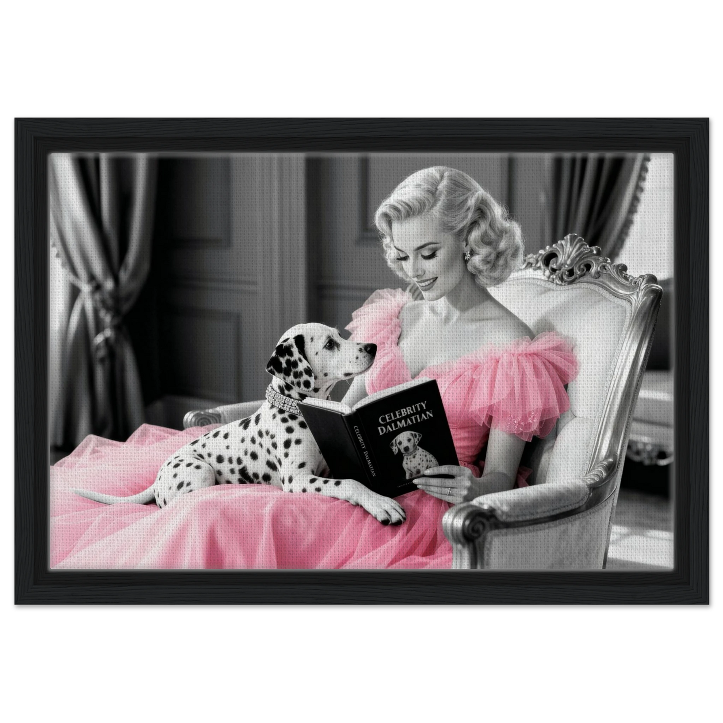 Hollywood Starlet Dalmatian Puppy Art Print 30x45 cm 12x18″ Framed Canvas - Black Wood