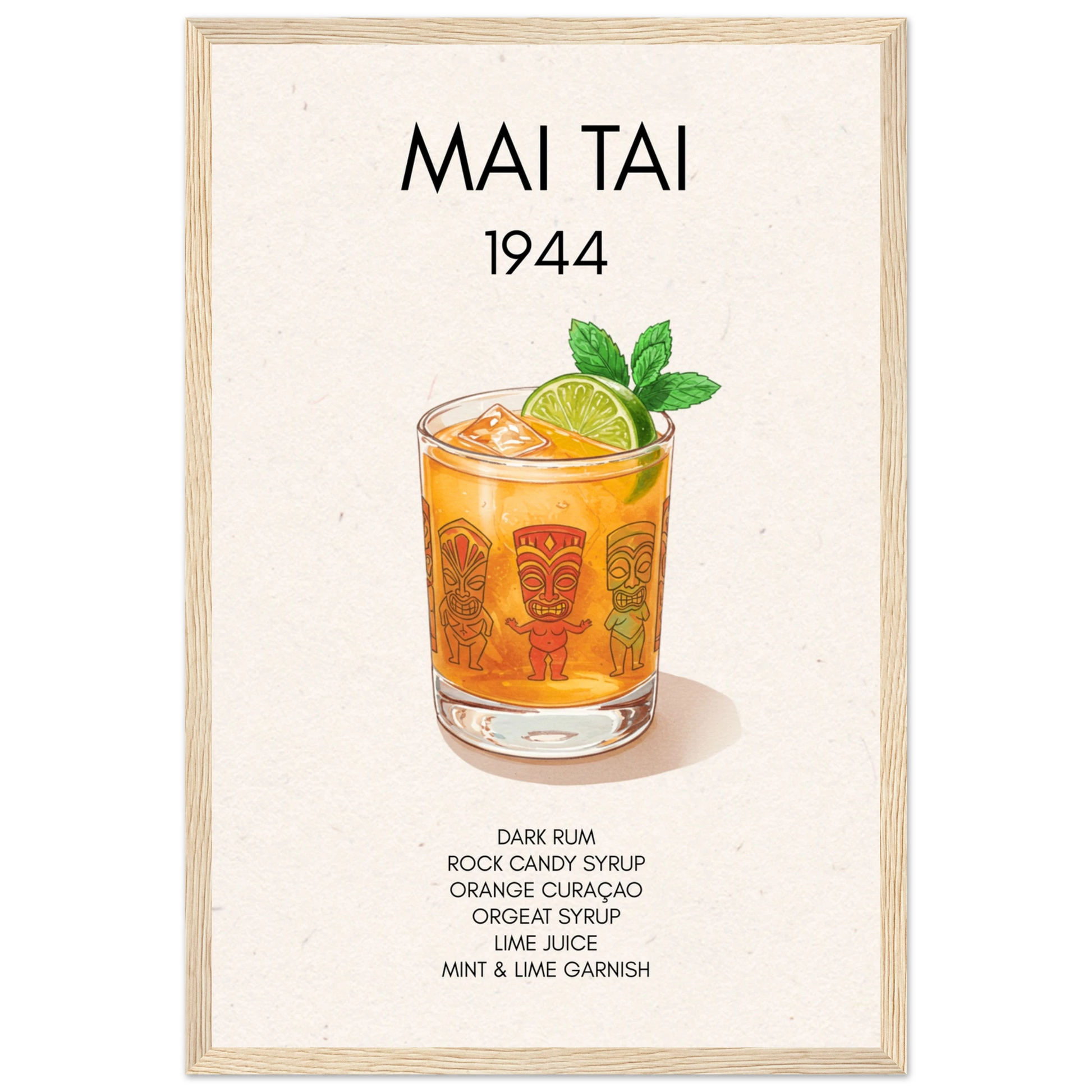 Mai Tai Tropical Cocktail Bar Poster Print Light Wood Frame 30x45 cm 12x18″ Premium Matte Paper Wooden Framed Poster