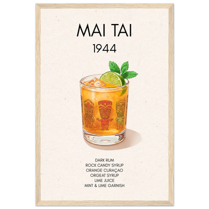 Mai Tai Tropical Cocktail Bar Poster Print Light Wood Frame 30x45 cm 12x18″ Premium Matte Paper Wooden Framed Poster