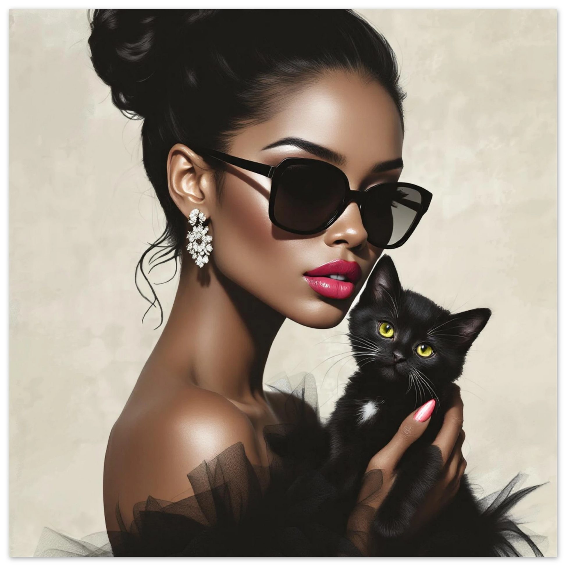 Retro Glam Fashion Model Kitten Art Print Premium Matte Paper Poster 70x70 cm 28x28″