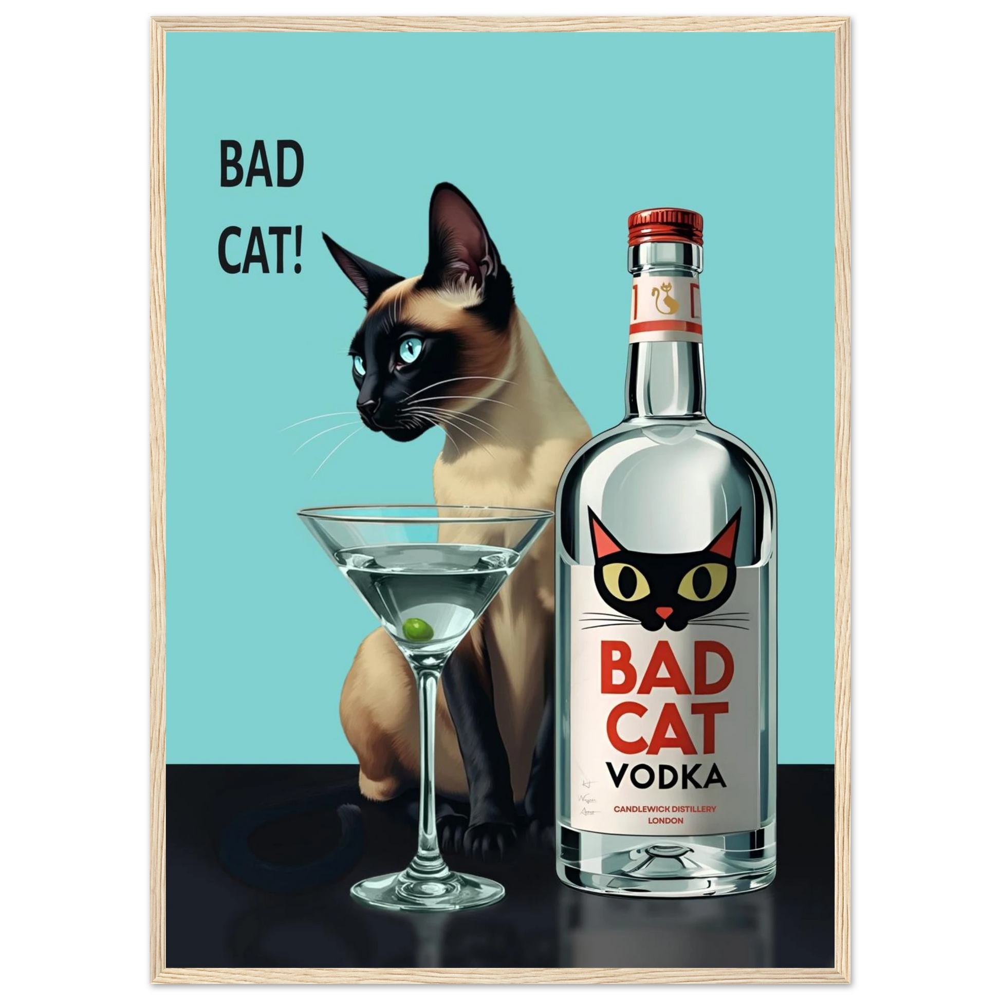 Siamese Cat Retro Martini Cocktail Bar Art Print Light Wood Frame 50x70 cm 20x28″ Premium Matte Paper Wooden Framed Poster
