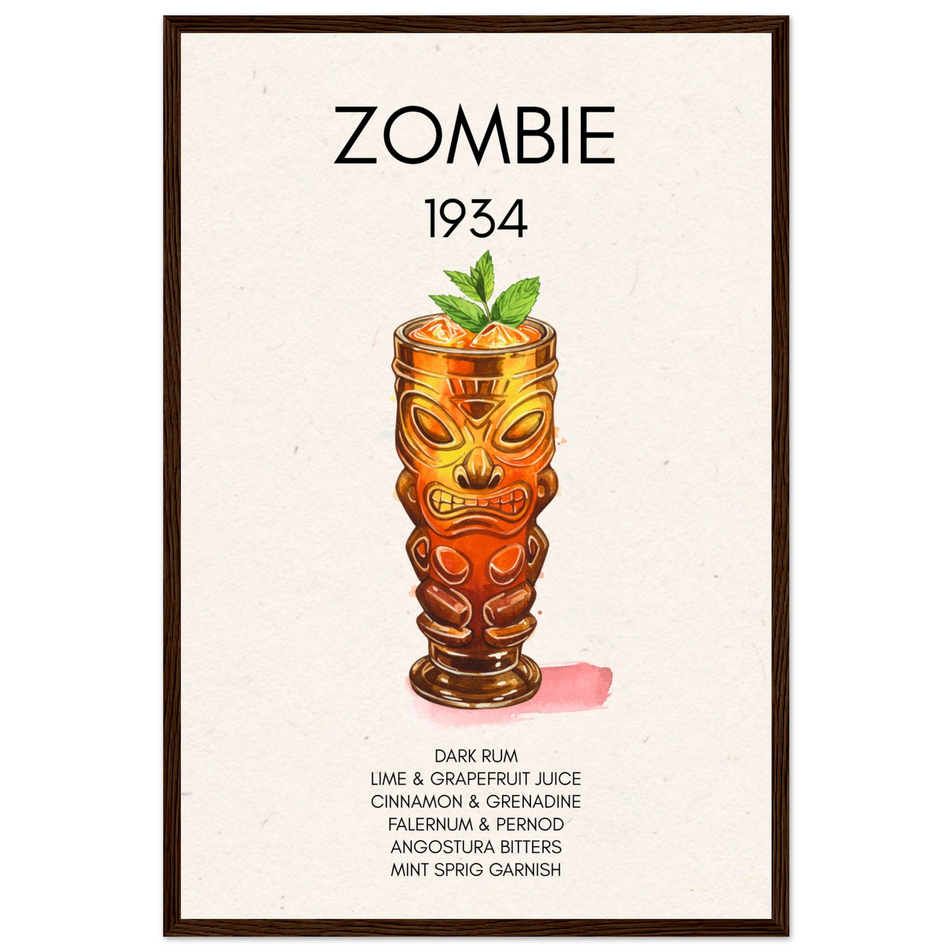 Zombie Tiki Cocktail Bar Art Print Dark Brown Wood Frame 40x60 cm 16x24″ Premium Matte Paper Wooden Framed Poster